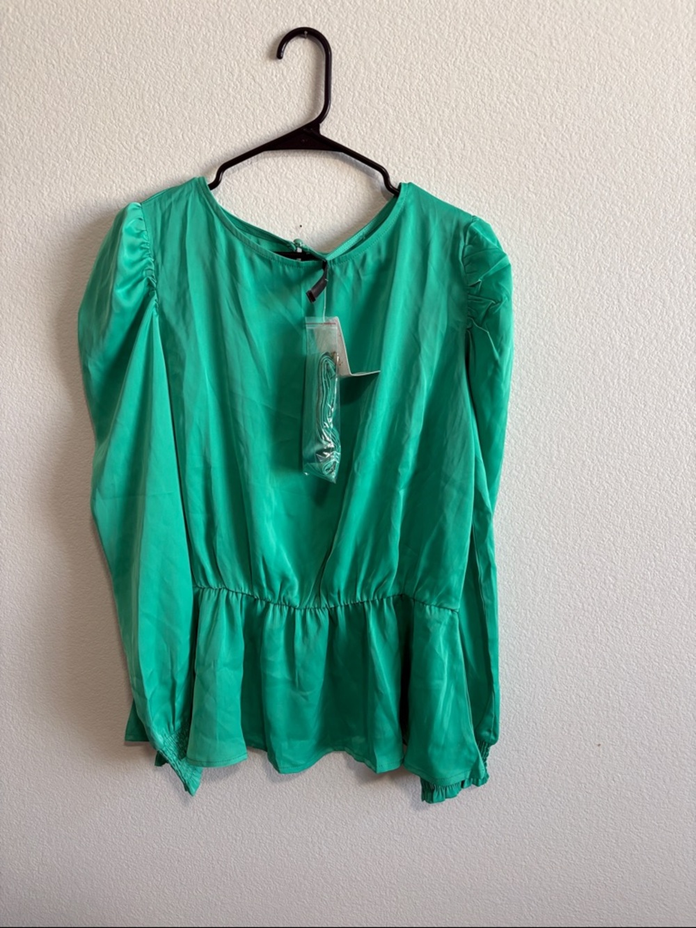 Bright Green Peplum Blouse with Puff Shoulders